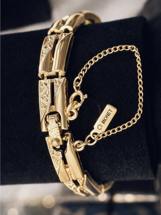 Monet Jewelry - Vintage MONET Textured Gold Bracelet — 1960s Classic with Etched Accents